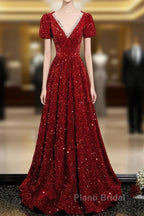 Wine Red Sequins V-Neckline Short Sleeves Party Dresses, Wine Red Evening Dresses