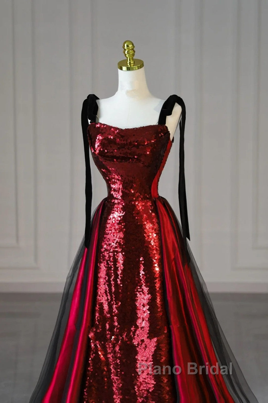 Wine Red Sequins With Black Tulle Straps Long Party Dresses, Wine Red Sequins Formal Prom Dresses