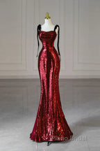 Wine Red Sequins With Black Tulle Straps Long Party Dresses, Wine Red Sequins Formal Prom Dresses