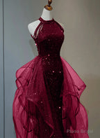 Wine Red Sequins with Tulle Long Party Dress, Wine Red Halter Evening Dress