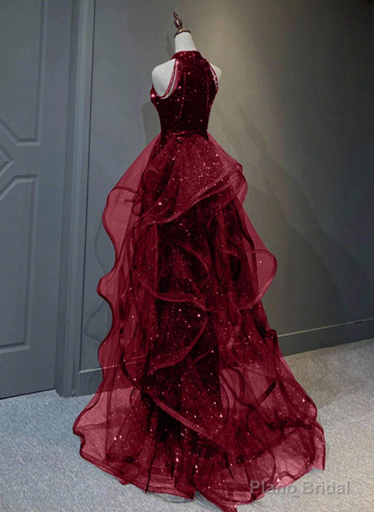 Wine Red Sequins with Tulle Long Party Dress, Wine Red Halter Evening Dress