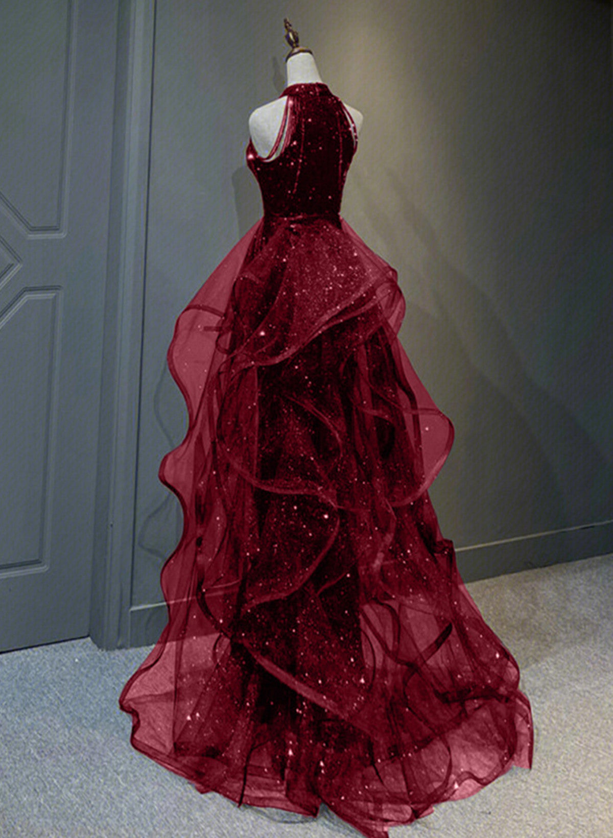 Wine Red Sequins With Tulle Long Party Dresses, Wine Red Halter Formal Evening Dresses