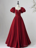 Wine Red Short Sleeves A-line Floor Length Party Dress, Long Prom Dress