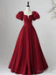 Wine Red Short Sleeves A-line Floor Length Party Dress, Long Prom Dress