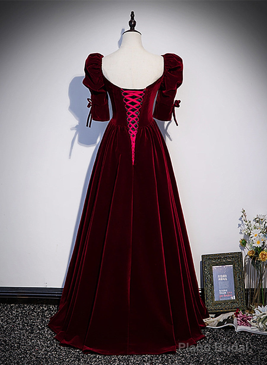 Wine Red Short Sleeves A-line Long Party Dress, Wine Red Bridesmaid Dress Secondary image