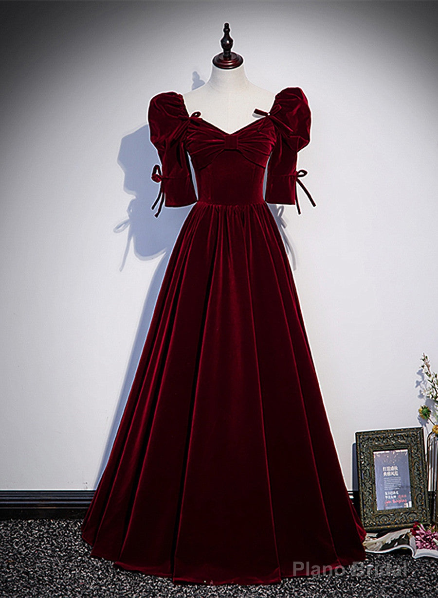 Wine Red Short Sleeves A-line Long Party Dress, Wine Red Bridesmaid Dress Main image