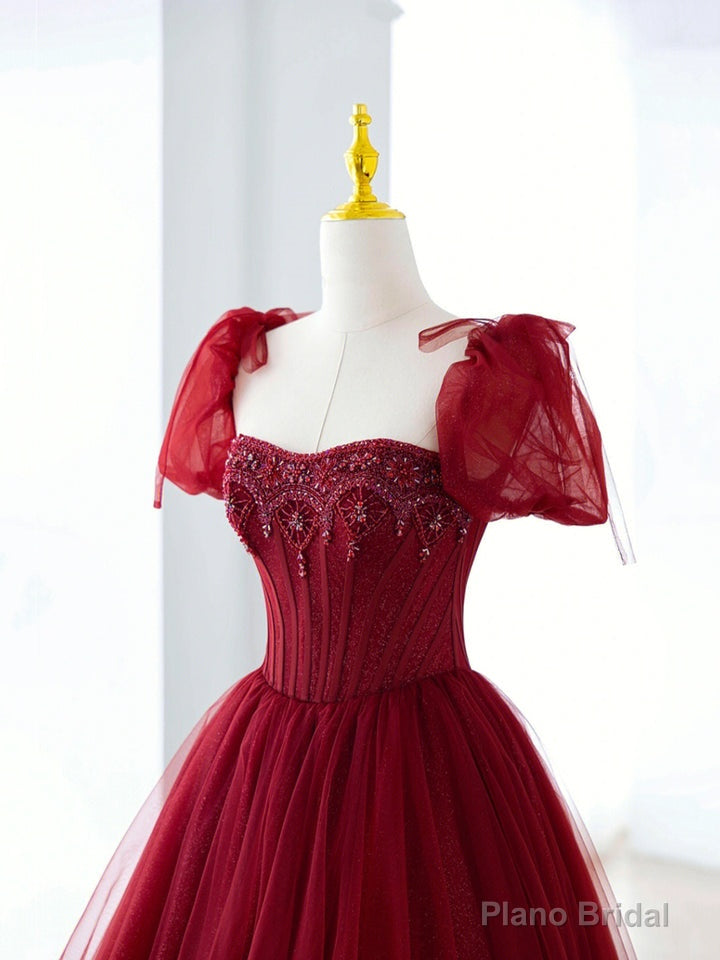 Wine Red Short Sleeves Beaded Long Prom Dress, Wine Red Sweetheart Party Dress