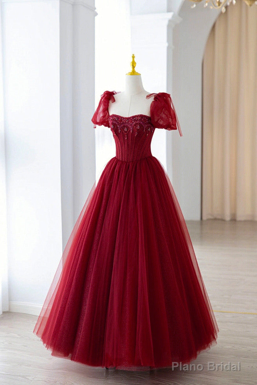 Wine Red Short Sleeves Beaded Long Prom Dress, Wine Red Sweetheart Party Dress Main image