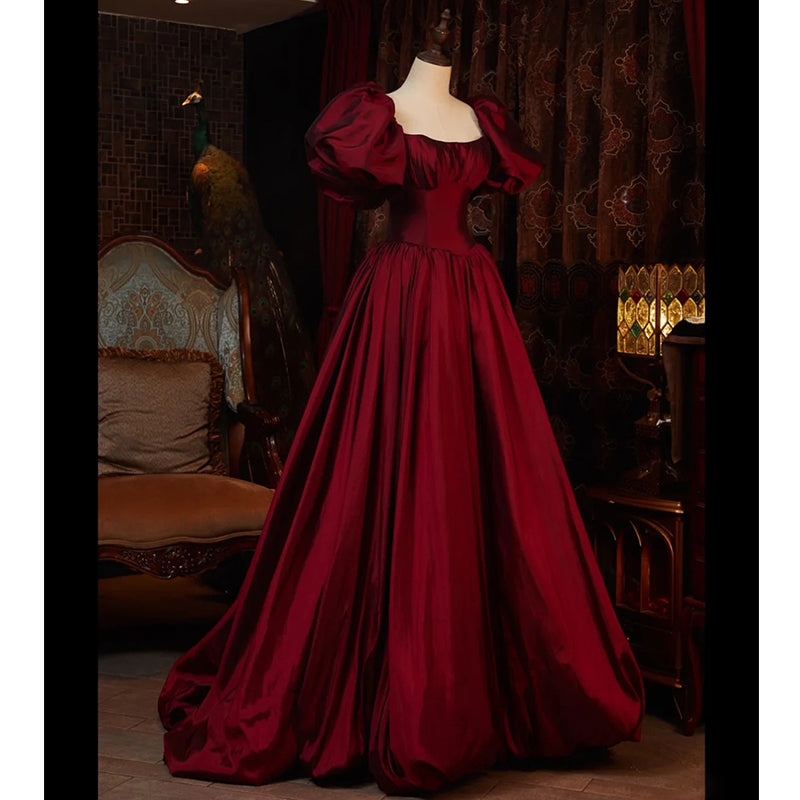 Wine Red Short Sleeves Floor Length Long Formal Evening Dresses, Ball Gown Formal Dresses