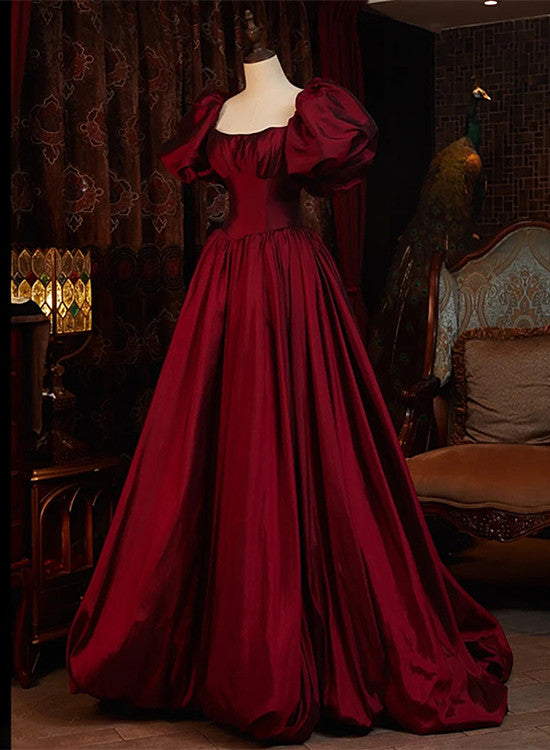 Wine Red Short Sleeves Floor Length Long Formal Evening Dresses, Ball Gown Formal Dresses Main image