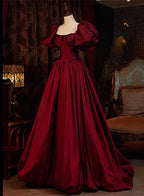 Wine Red Short Sleeves Floor Length Long Formal Evening Dresses, Ball Gown Formal Dresses