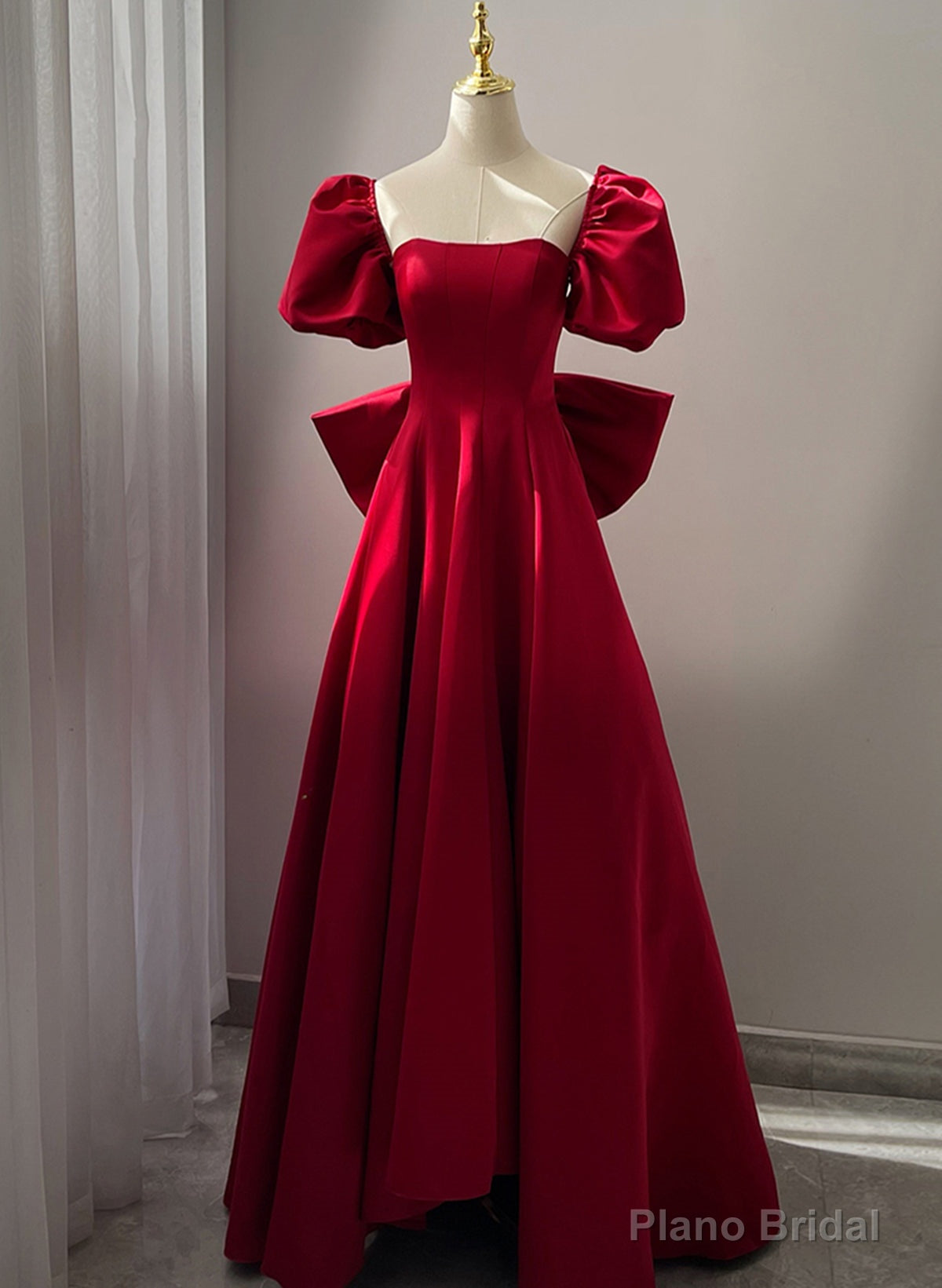 Wine Red Short Sleeves Satin A-line Party Dress, Wine Red Long Prom Dress with Bow Main image