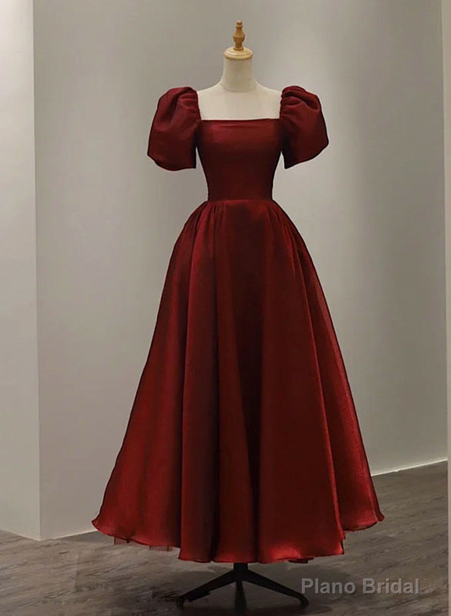 Wine Red Short Sleeves Tea Length Wedding Party Dress, Wine Red Prom Dress Main image