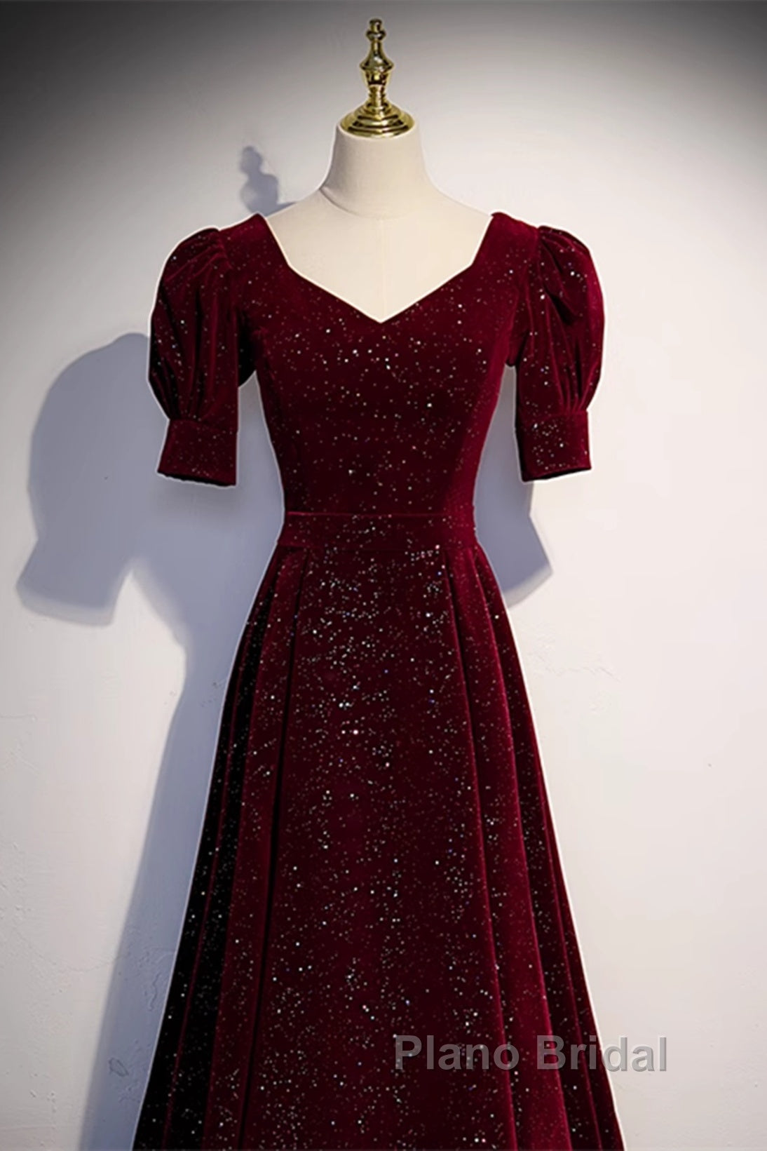 Wine Red Short Sleeves Velvet Long Formal Dresses, Wine Red Evening Dresses Formal Prom Dresses Secondary image