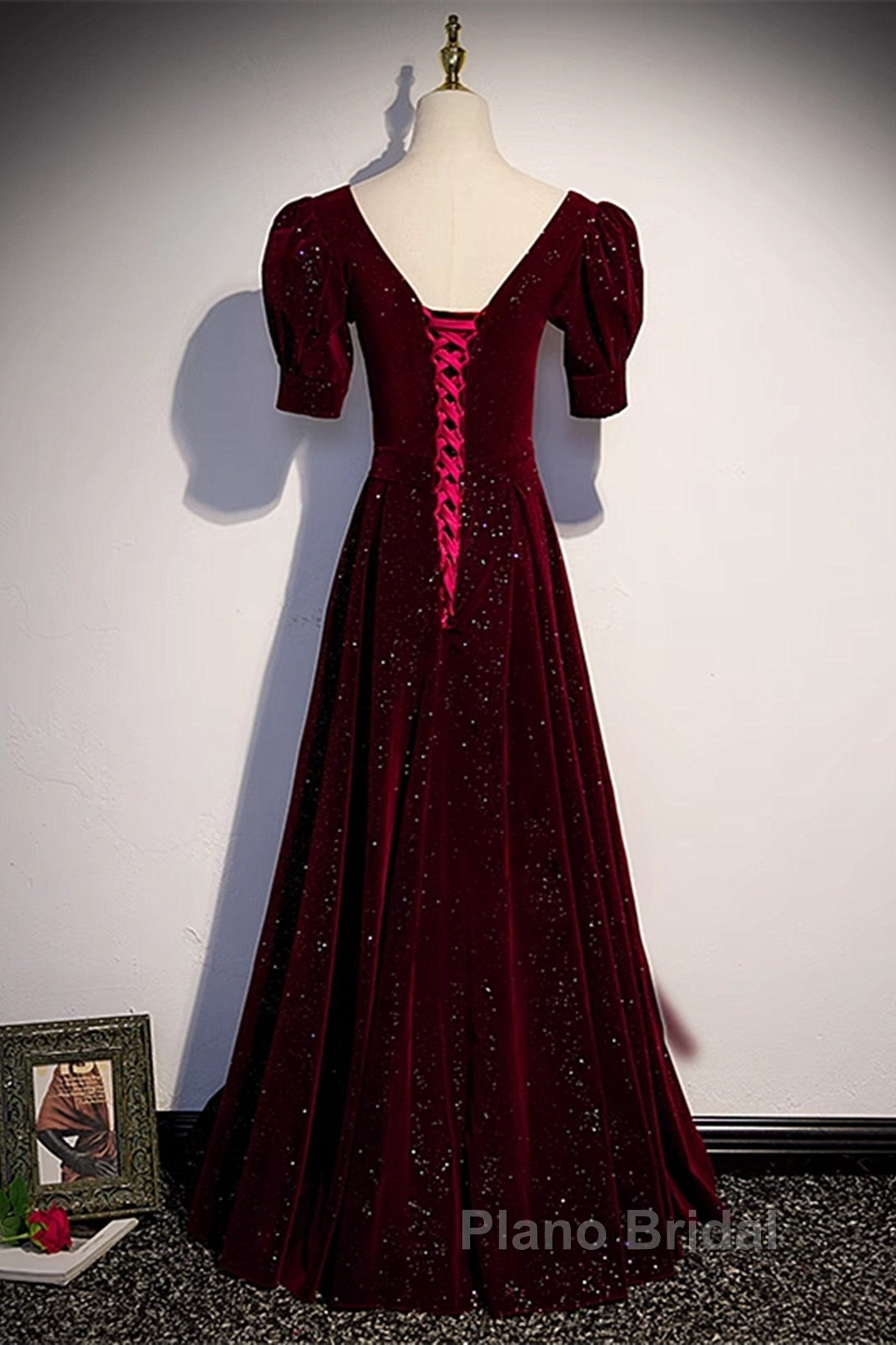 Wine Red Short Sleeves Velvet Long Formal Dresses, Wine Red Evening Dresses Formal Prom Dresses