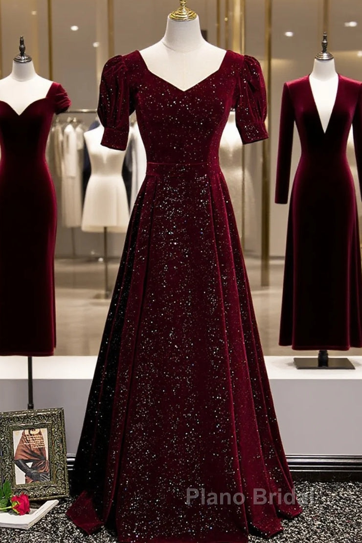 Wine Red Short Sleeves Velvet Long Formal Dresses, Wine Red Evening Dresses Formal Prom Dresses