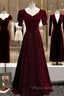 Wine Red Short Sleeves Velvet Long Formal Dresses, Wine Red Evening Dresses Formal Prom Dresses