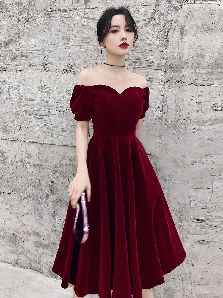 Wine Red Short Velvet Formal Evening Dresses, Off Shoulder Formal Prom Dresses Bridesmaid Dresses Secondary image
