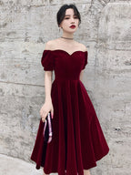 Wine Red Short Velvet Formal Evening Dresses, Off Shoulder Formal Prom Dresses Bridesmaid Dresses