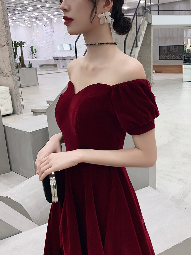 Wine Red Short Velvet Formal Evening Dresses, Off Shoulder Formal Prom Dresses Bridesmaid Dresses