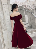 Wine Red Short Velvet Formal Evening Dresses, Off Shoulder Formal Prom Dresses Bridesmaid Dresses