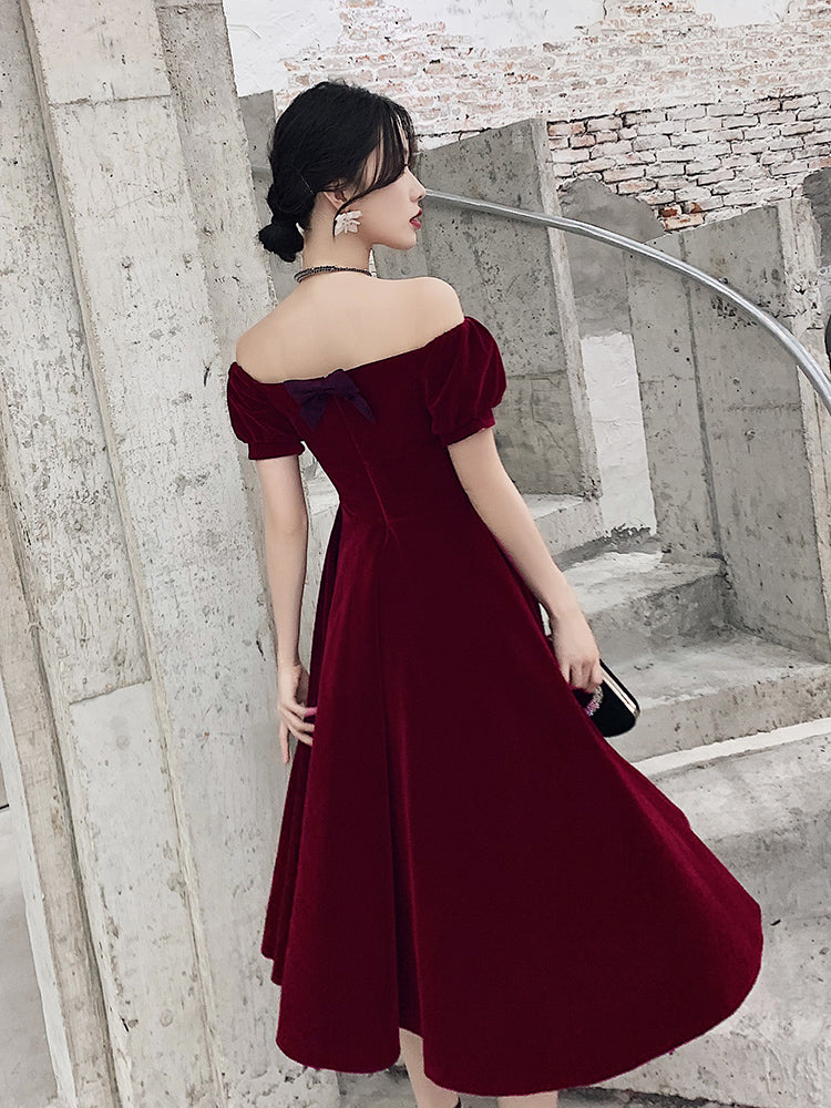 Wine Red Short Velvet Formal Evening Dresses, Off Shoulder Formal Prom Dresses Bridesmaid Dresses