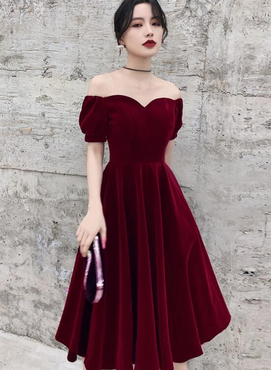 Wine Red Short Velvet Formal Evening Dresses, Off Shoulder Formal Prom Dresses Bridesmaid Dresses Main image