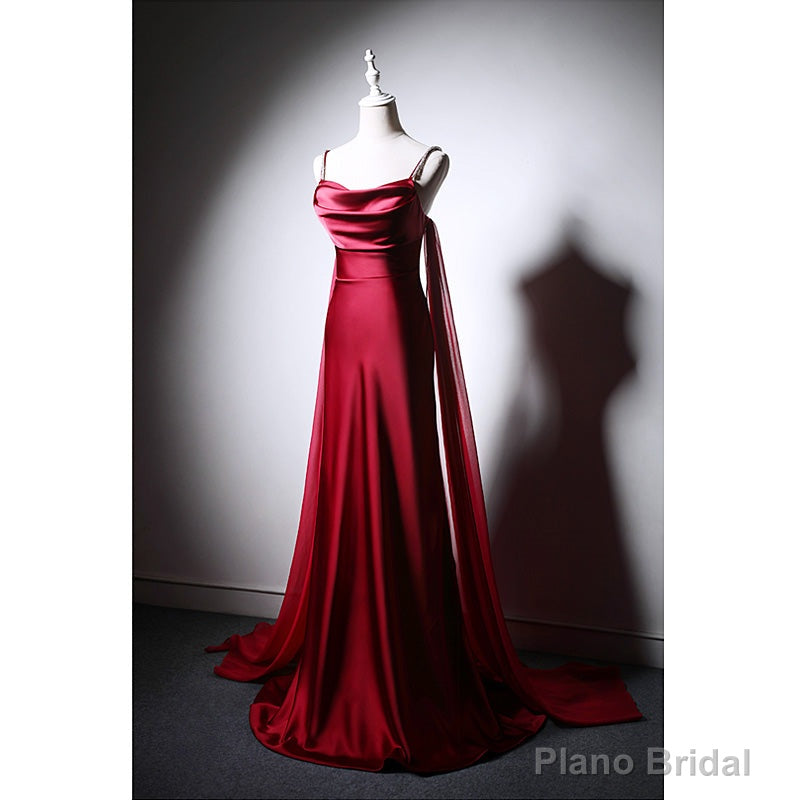 Wine Red Soft Satin Long Straps Long A-line Prom Dress, Wine Red Evening Dress Main image