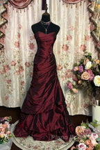 Wine Red Strapless Long Taffeta Sweet 16 Dresses, Wine Red Sweetheart Formal Prom Dresses Formal Gown