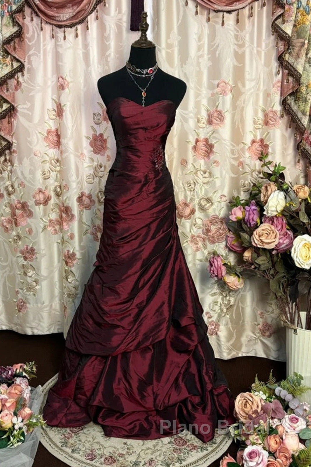 Wine Red Strapless Long Taffeta Sweet 16 Dresses, Wine Red Sweetheart Formal Prom Dresses Formal Gown