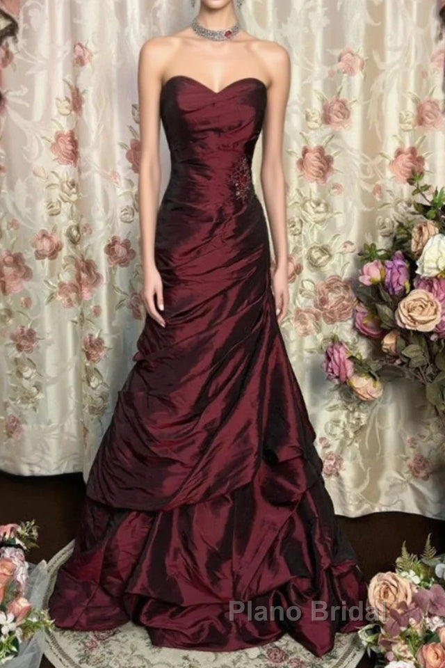 Wine Red Strapless Long Taffeta Sweet 16 Dresses, Wine Red Sweetheart Formal Prom Dresses Formal Gown Main image