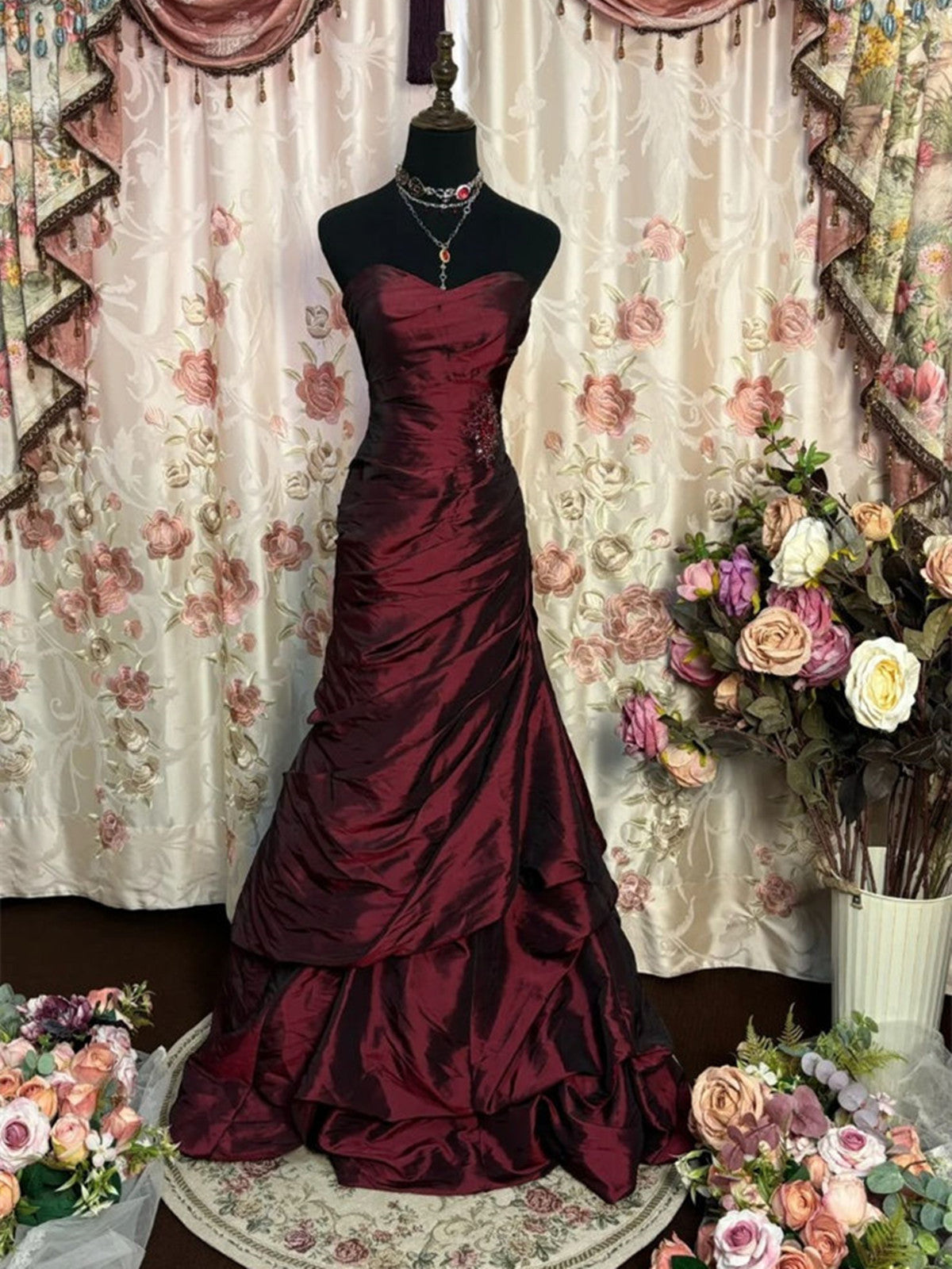 Wine Red Strapless Long Taffeta Sweet 16 Dresses, Wine Red Sweetheart Formal Prom Dresses