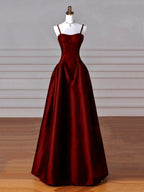 Wine Red Straps A-Line Floor Length Simple Party Dresses, Wine Red Satin Formal Prom Dresses