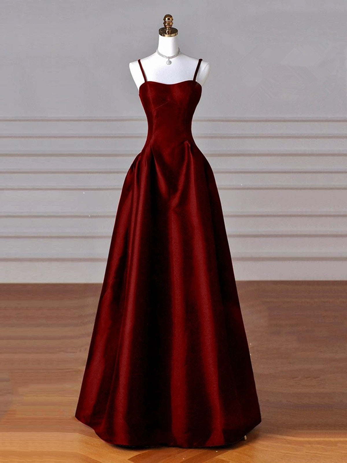 Wine Red Straps A-Line Floor Length Simple Party Dresses, Wine Red Satin Formal Prom Dresses