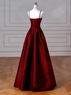 Wine Red Straps A-Line Floor Length Simple Party Dresses, Wine Red Satin Formal Prom Dresses