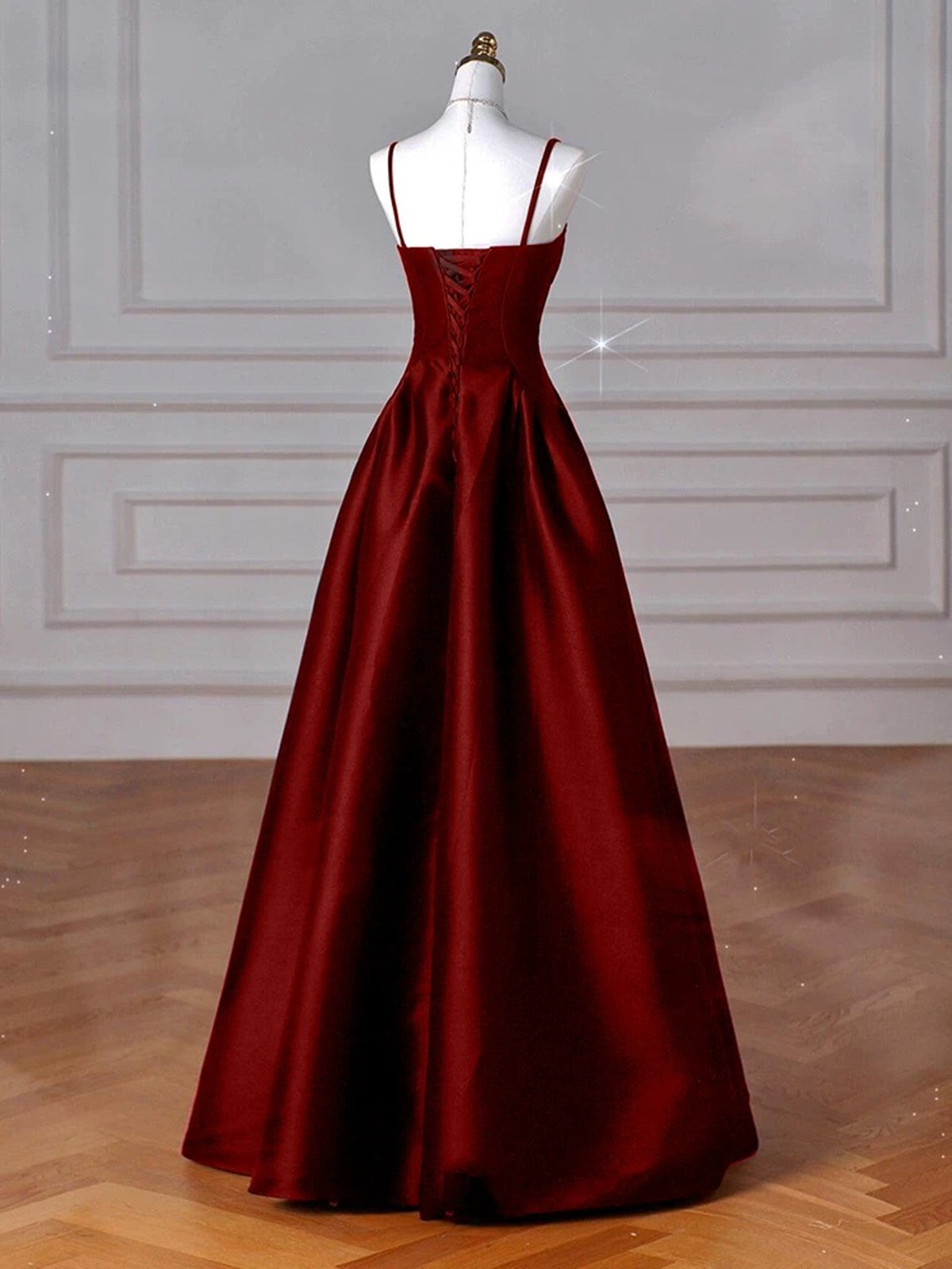 Wine Red Straps A-Line Floor Length Simple Party Dresses, Wine Red Satin Formal Prom Dresses