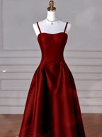 Wine Red Straps A-Line Floor Length Simple Party Dresses, Wine Red Satin Formal Prom Dresses