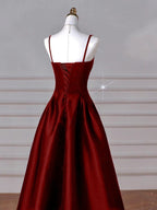 Wine Red Straps A-Line Floor Length Simple Party Dresses, Wine Red Satin Formal Prom Dresses