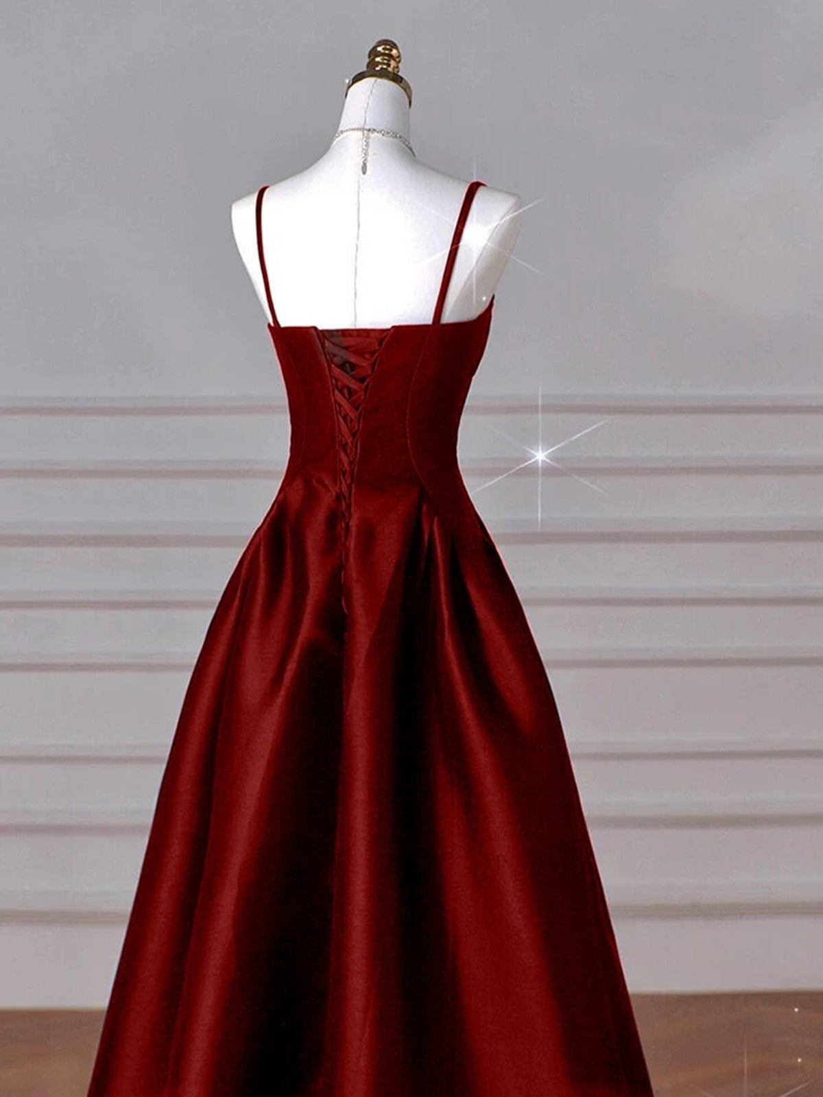 Wine Red Straps A-Line Floor Length Simple Party Dresses, Wine Red Satin Formal Prom Dresses