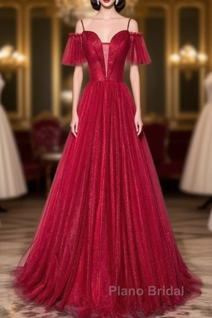 Wine Red Straps Off Shoulder Long Formal Prom Dresses Party Dresses, Formal Gown Evening Dresses Main image