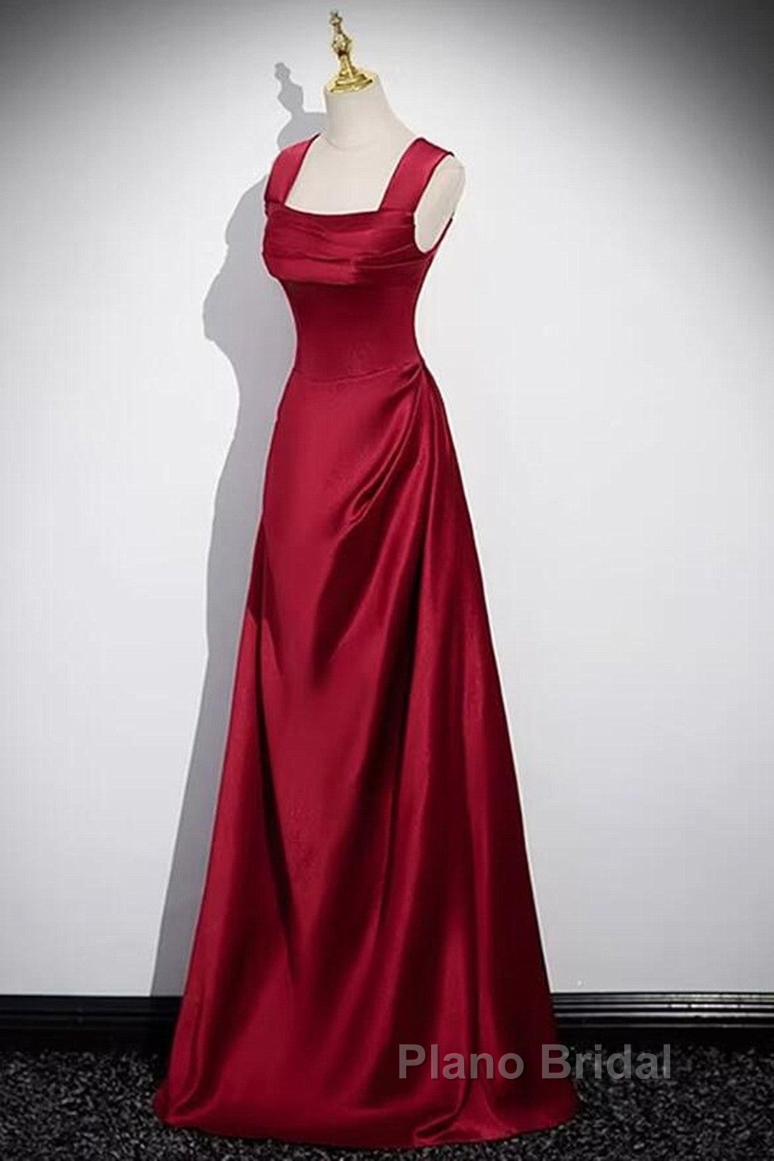 Wine Red Straps Satin Scoop Floor Length Formal Prom Dresses, Wine Red Long Evening Dresses