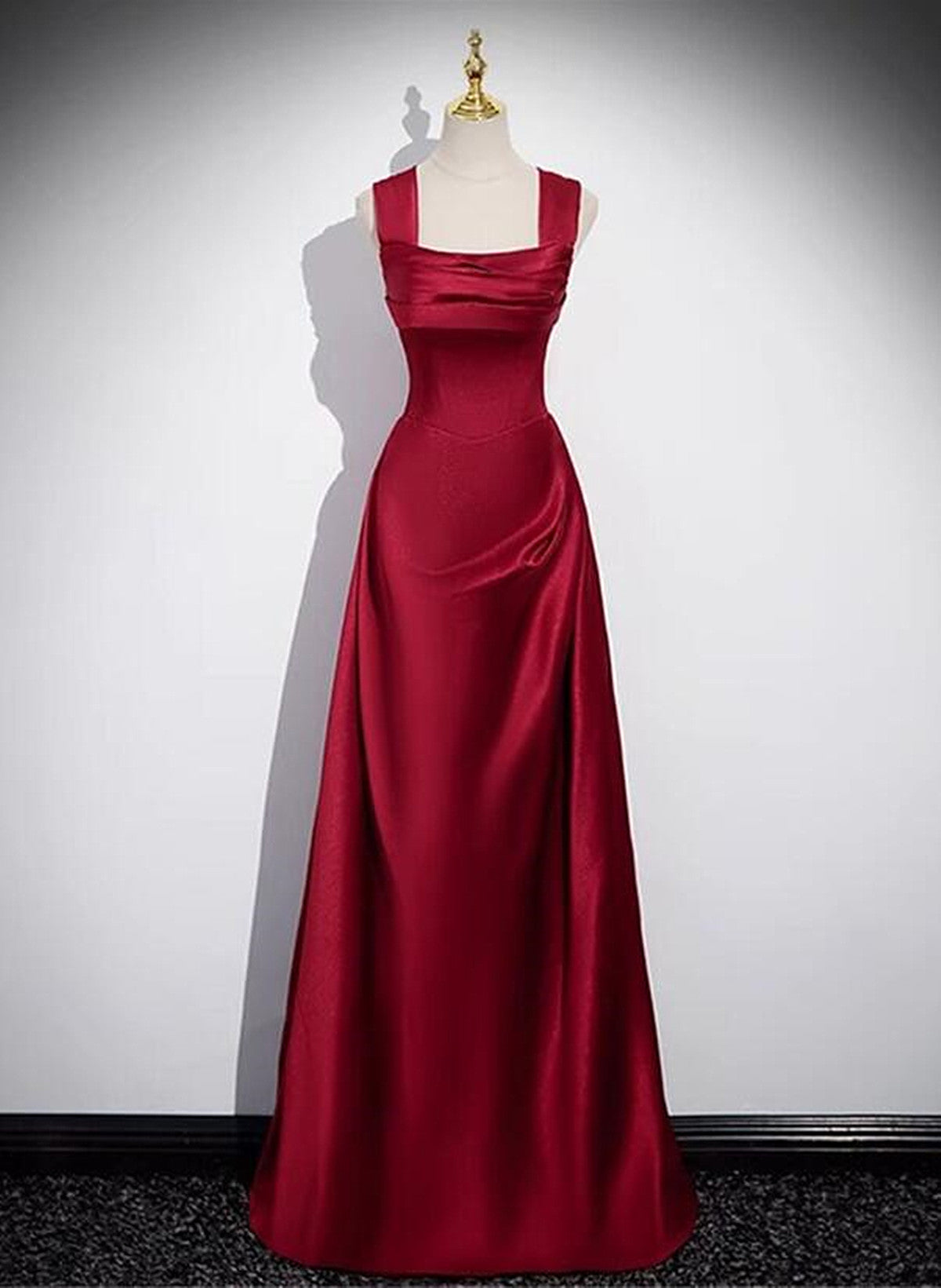 Wine Red Straps Satin Scoop Floor Length Formal Prom Dresses, Wine Red Long Formal Evening Dresses Main image