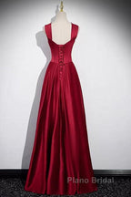 Wine Red Straps Satin Scoop Floor Length Formal Prom Dresses, Wine Red Long Evening Dresses
