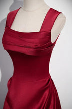 Wine Red Straps Satin Scoop Floor Length Formal Prom Dresses, Wine Red Long Formal Evening Dresses