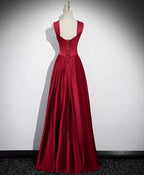 Wine Red Straps Satin Scoop Floor Length Formal Prom Dresses, Wine Red Long Formal Evening Dresses