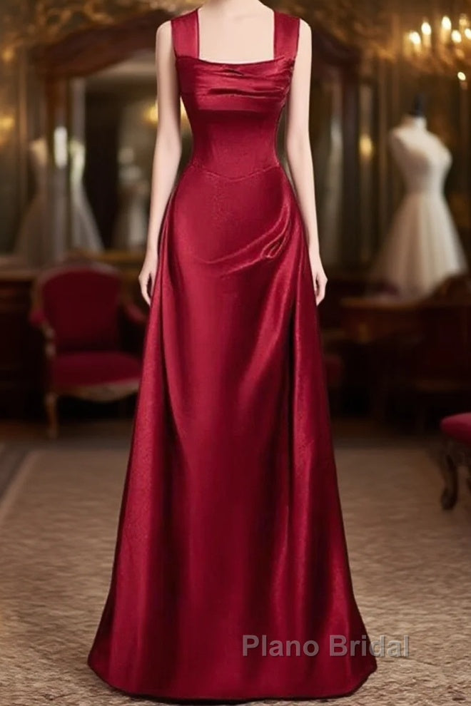 Wine Red Straps Satin Scoop Floor Length Formal Prom Dresses, Wine Red Long Evening Dresses Main image