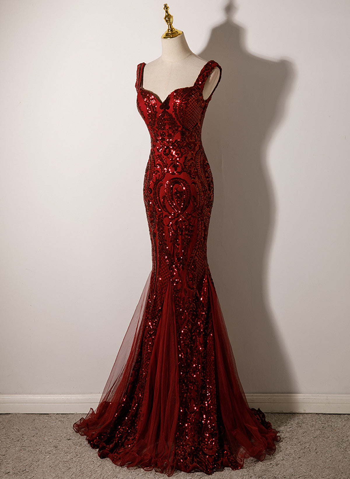 Wine Red Straps Sweetheart Mermaid Long Party Dresses, Wine Red Sequins Formal Prom Dresses