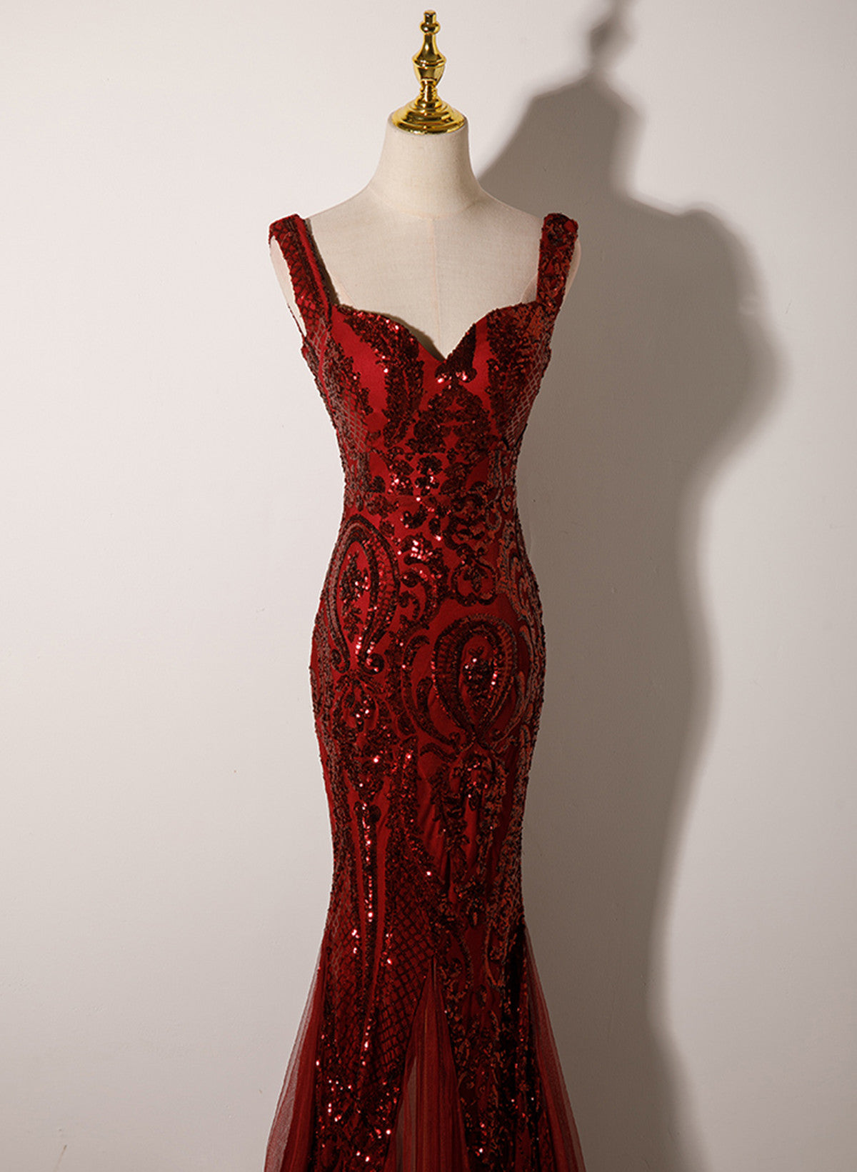 Wine Red Straps Sweetheart Mermaid Long Party Dresses, Wine Red Sequins Formal Prom Dresses