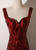 Wine Red Straps Sweetheart Mermaid Long Party Dresses, Wine Red Sequins Formal Prom Dresses