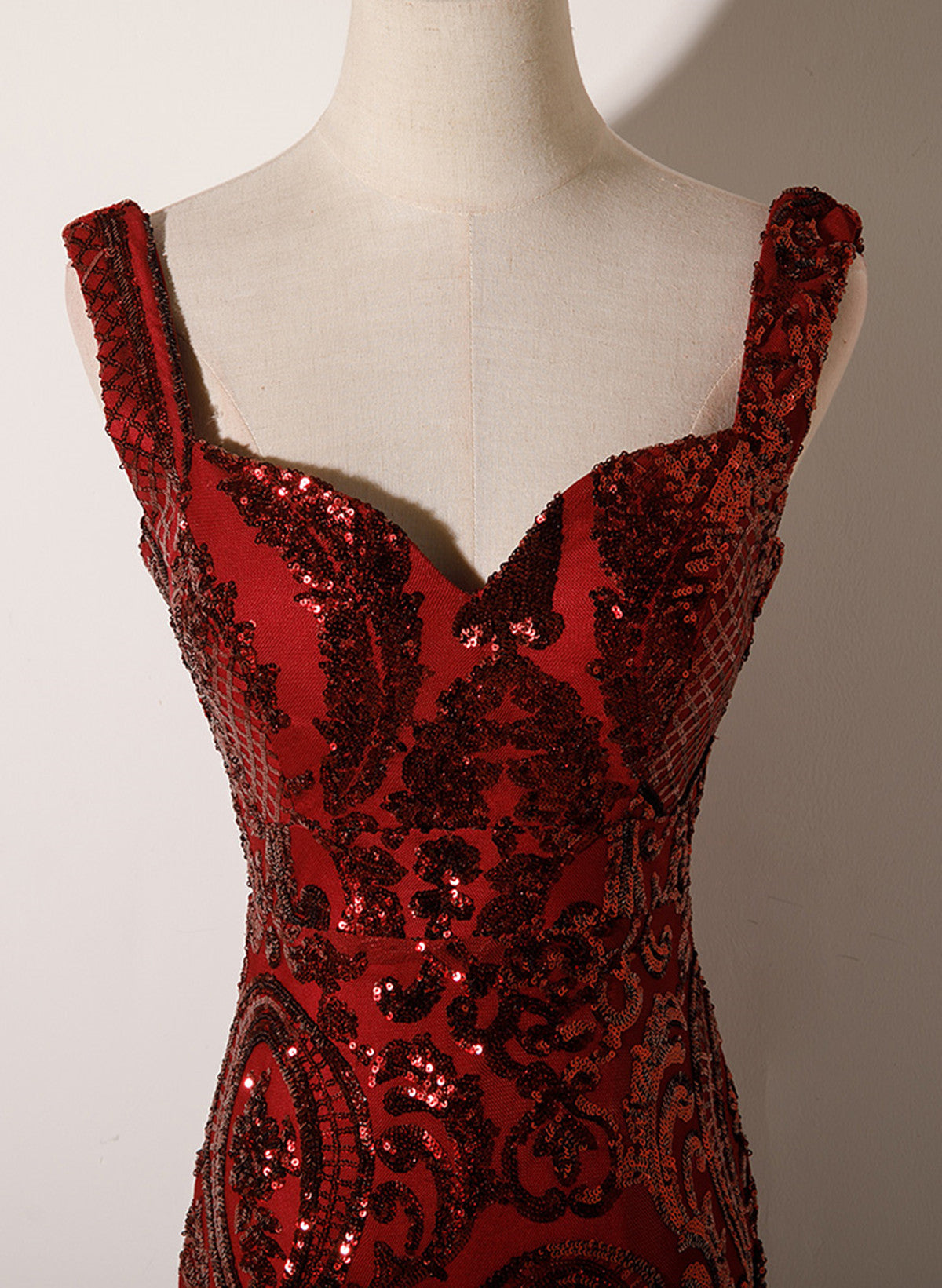 Wine Red Straps Sweetheart Mermaid Long Party Dresses, Wine Red Sequins Formal Prom Dresses